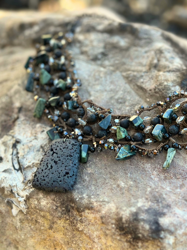 New Beginnings tatted necklace – lava stone & serpentine Tatted necklace with lava stone focal and green serpentine beads