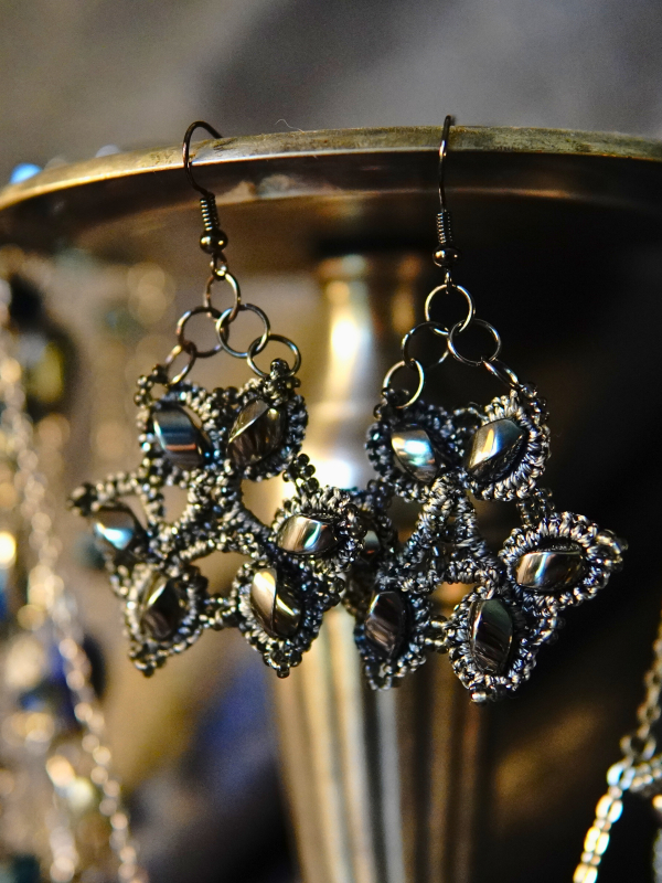 Dark Oathforged earrings of quiet strength Storm-grey tatted earrings with hematite beads