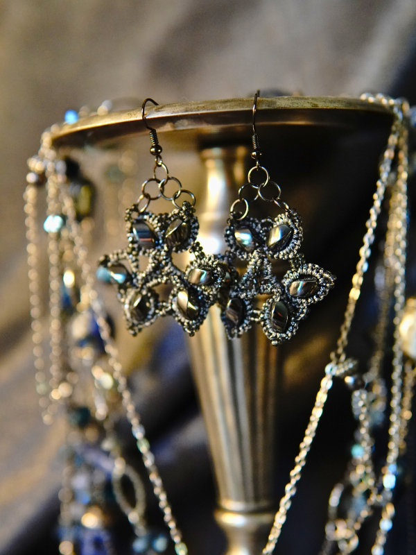 Dark Oathforged earrings of quiet strength Hematite and lace earrings on metal chalice