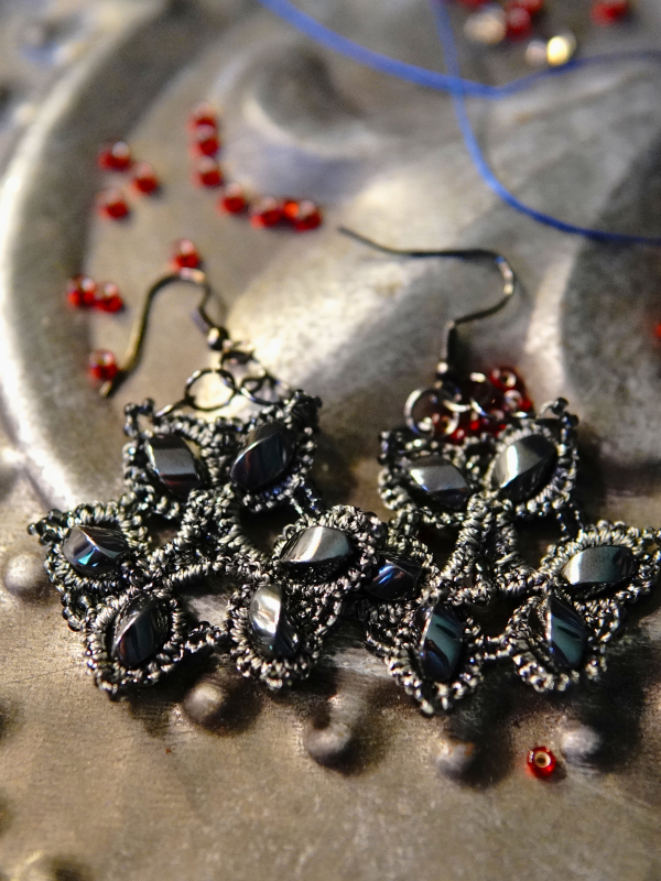 Dark Oathforged earrings of quiet strength Tatted earrings in grey with hematite details