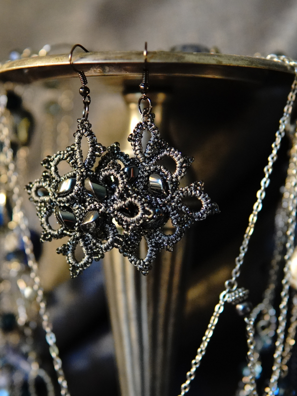 Steelwoven Grace earrings in storm-grey lace Storm-grey tatted earrings with hematite stones