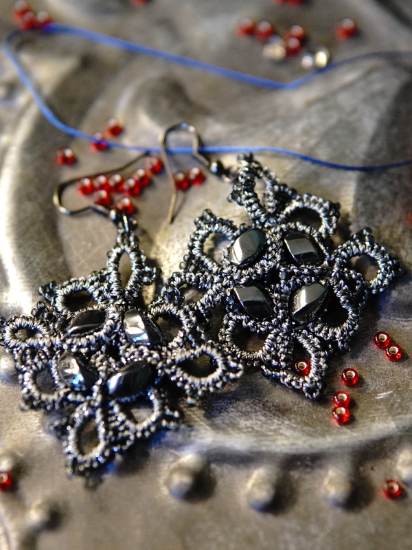 Steelwoven Grace earrings in storm-grey lace Grey lace earrings with hematite accents