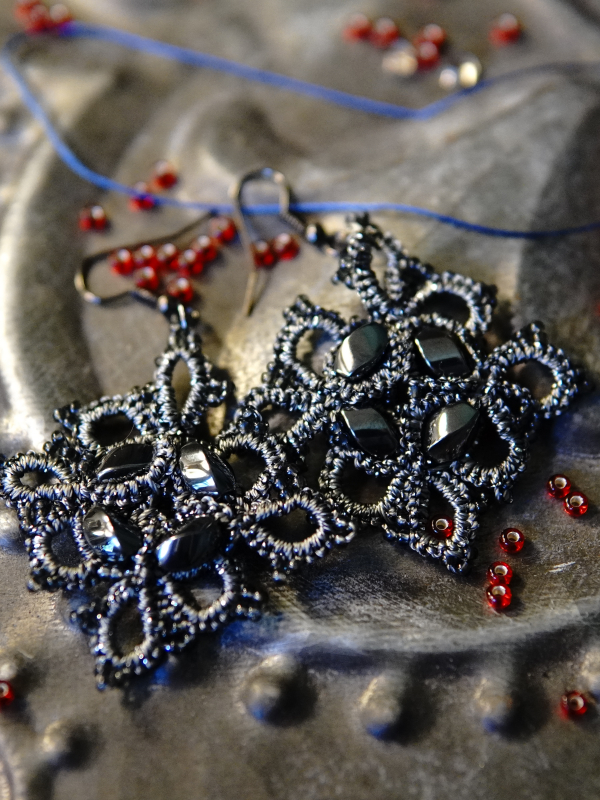 Steelwoven Grace earrings in storm-grey lace Tatted earrings with four-point lattice