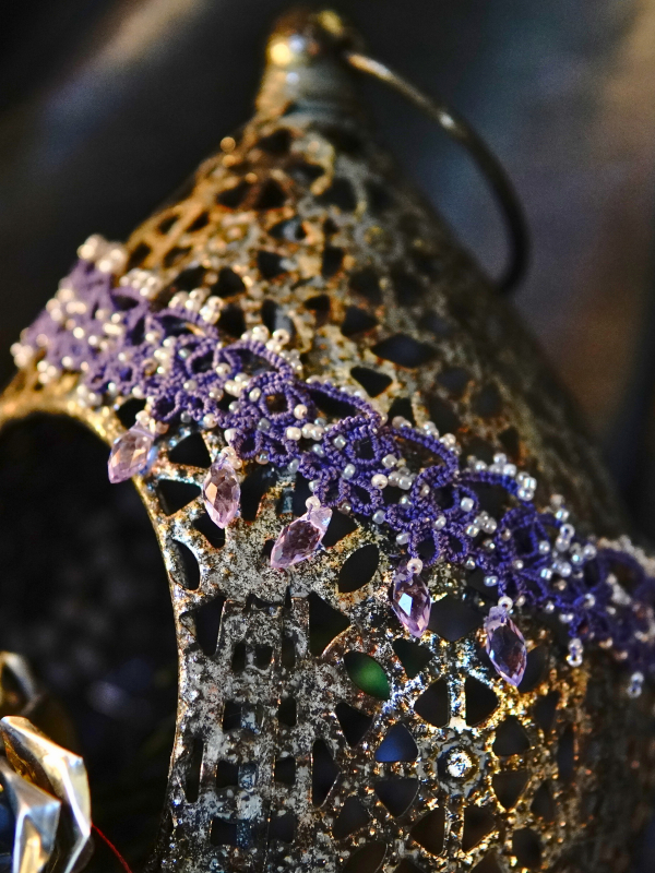 Veilborne Oracle tatted lace necklace and earrings Purple tatted lace choker with layered beadwork and crystal drops