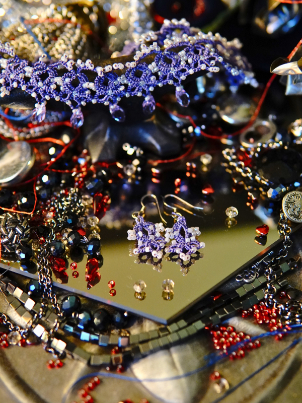 Veilborne Oracle tatted lace necklace and earrings Crystal briolettes hanging from purple tatted lace