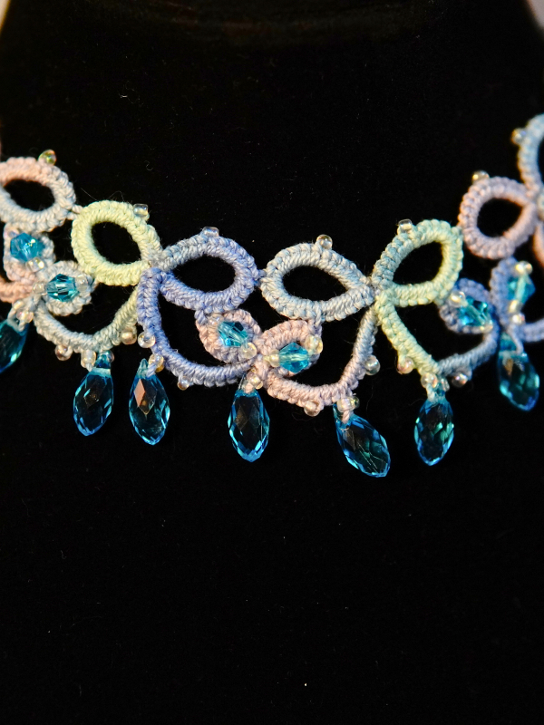 Ocean Lace Detail - Raindrops on the Shore Ocean-toned tatted lace necklace with aqua teardrop beads