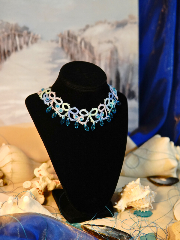 Side Angle - Raindrops on the Shore Necklace Teardrop crystals sparkle along hand-tatted lacework
