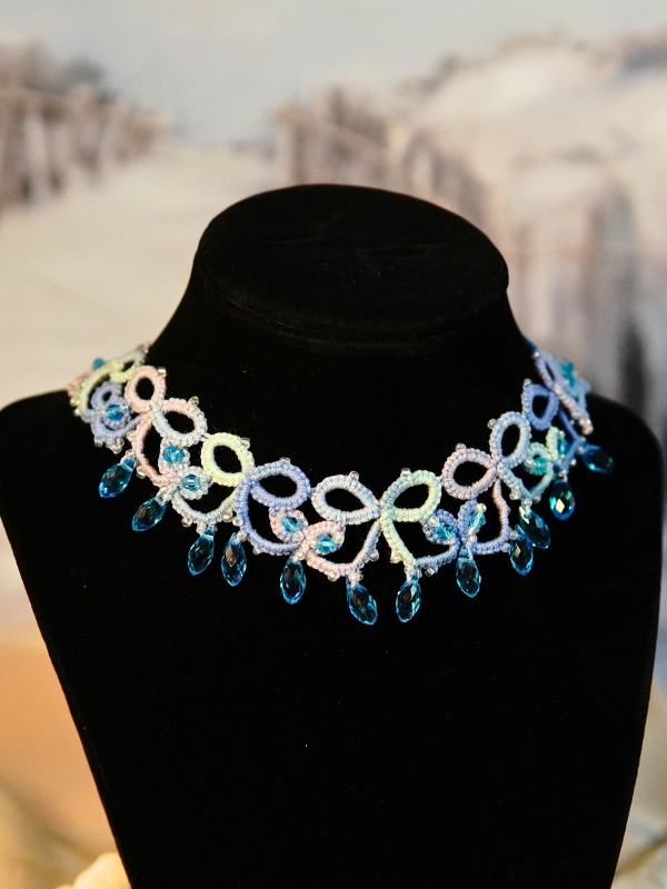 Adjustable Clasp and Chain - Raindrops Necklace Lace necklace with shimmering aurora borealis seed beads