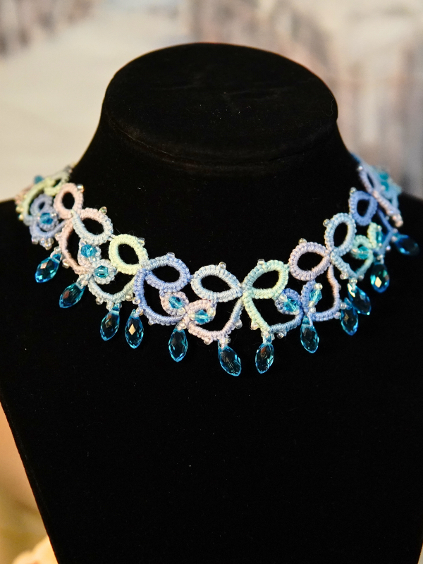 Rain-Inspired Beads in Tatted Ocean Lace Handmade necklace with silver clasp and crystal raindrops