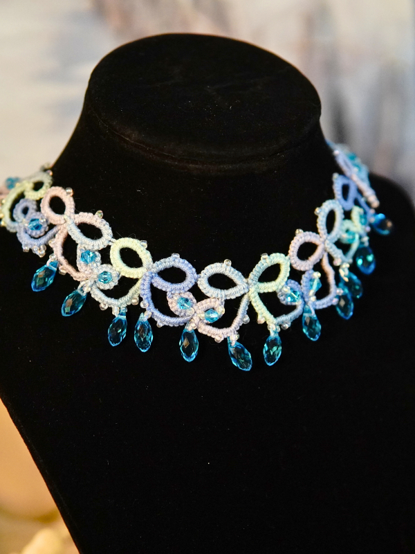 Variegated Lace Necklace - Raindrops on the Shore Hand-tatted necklace featuring faceted ocean-blue drops