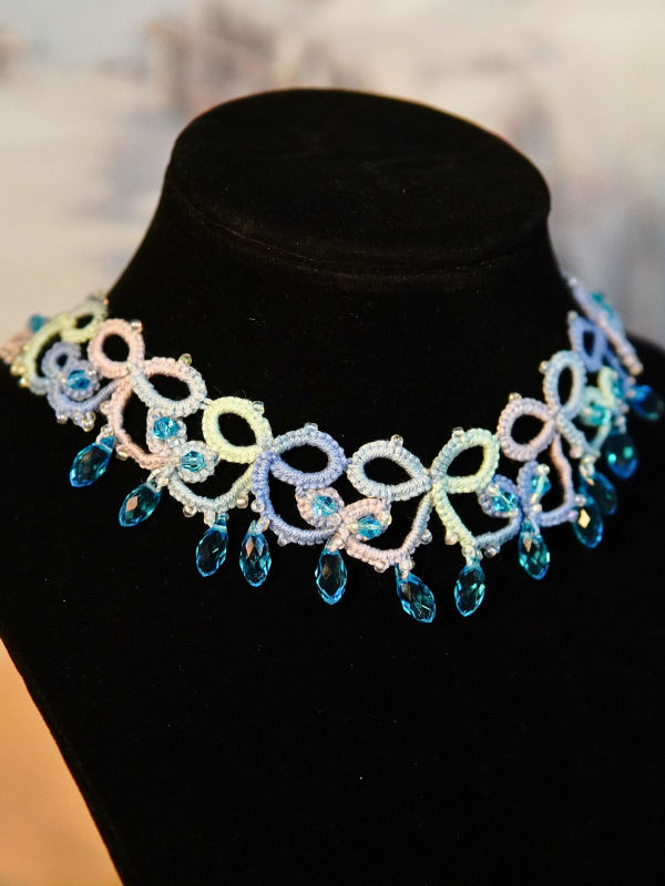 Raindrops on the Shore - Tatted Lace Necklace Crystal and lace necklace with coastal color palette