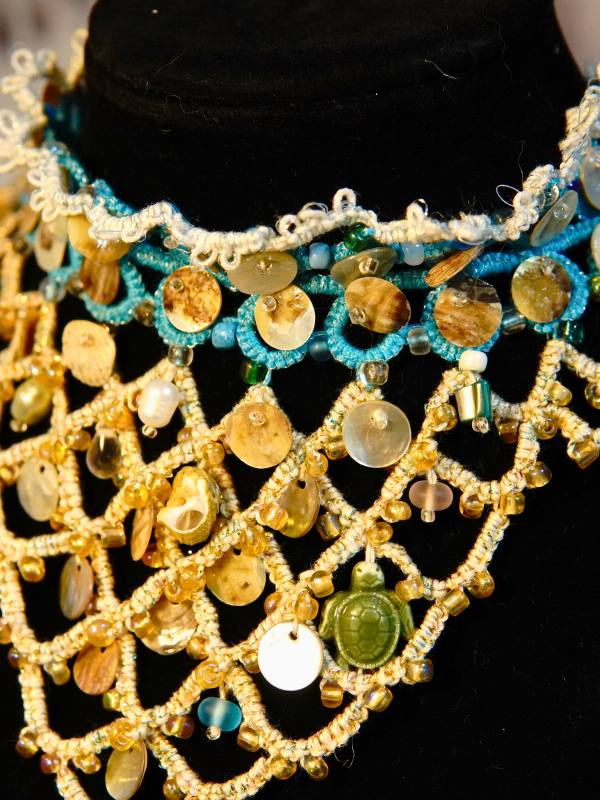 Sandy Treasures tatted necklace with ocean beads and shells.