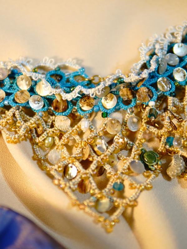 Detail of Sandy Treasures handmade set with pearls and ocean beads.