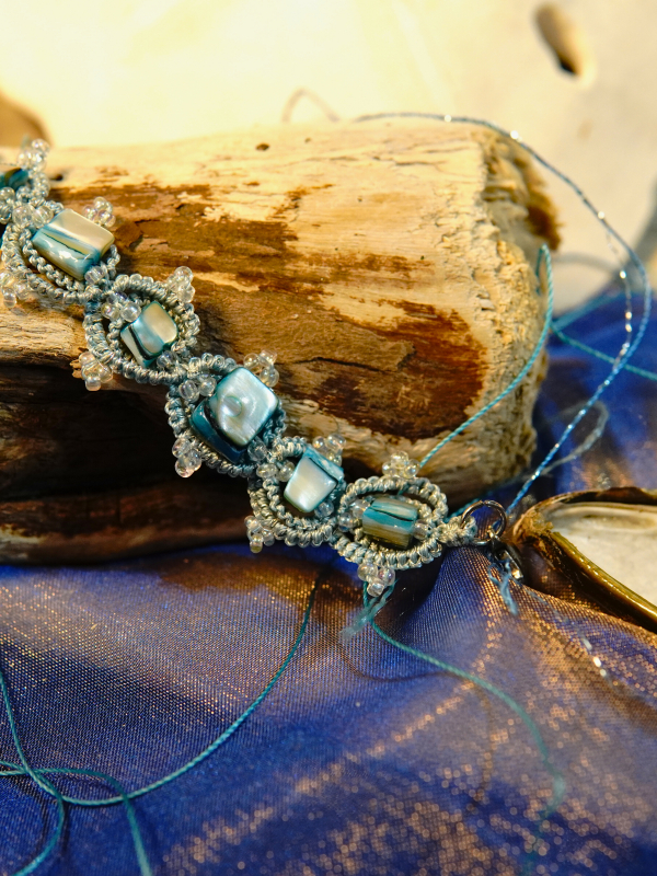 Ocean jewelry set with seashell beads, aqua w/silver lace, and tidal shimmer.
