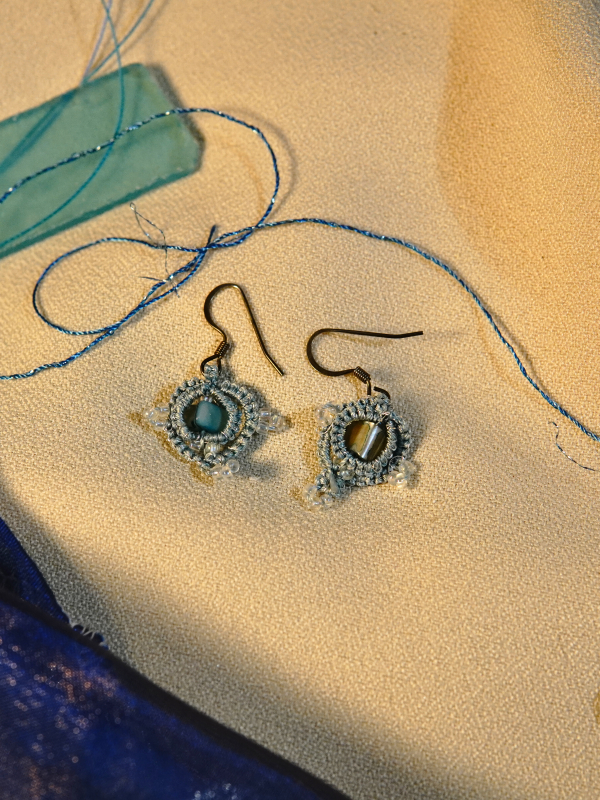 Seaside Serenity earrings shimmer with seashell beads and aqua w/silver thread.