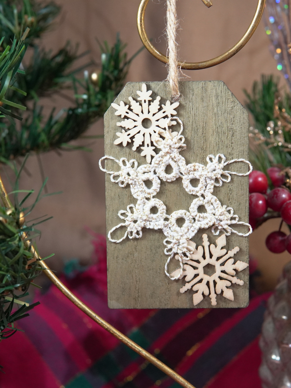 One-of-a-kind tatted lace snowflake wood tag Tatted snowflake ornament with wood accents