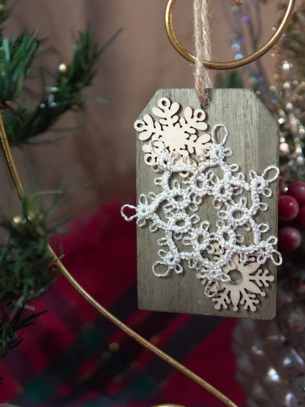 Unique lace snowflake ornament with wooden accents Handmade snowflake tag with tatted lace