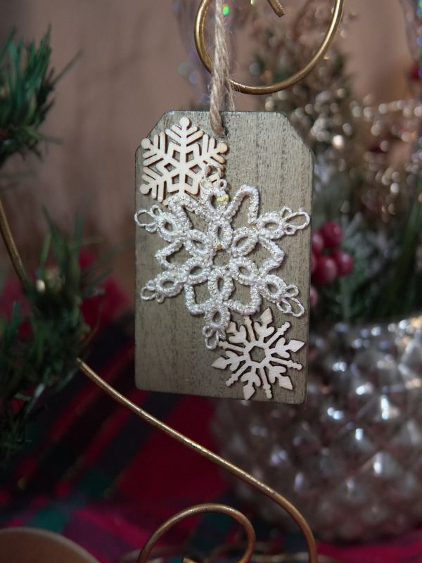 Winter wood tag ornament with tatted snowflake Wood tag ornament with lace snowflake design