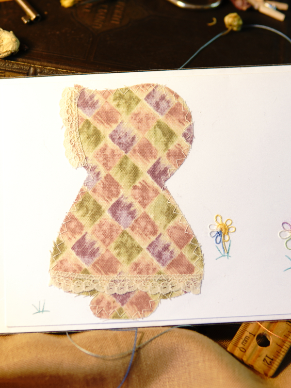 Sunbonnet notecard with tatted butterflies Fabric appliqué sunbonnet card with tiny tatted butterfly