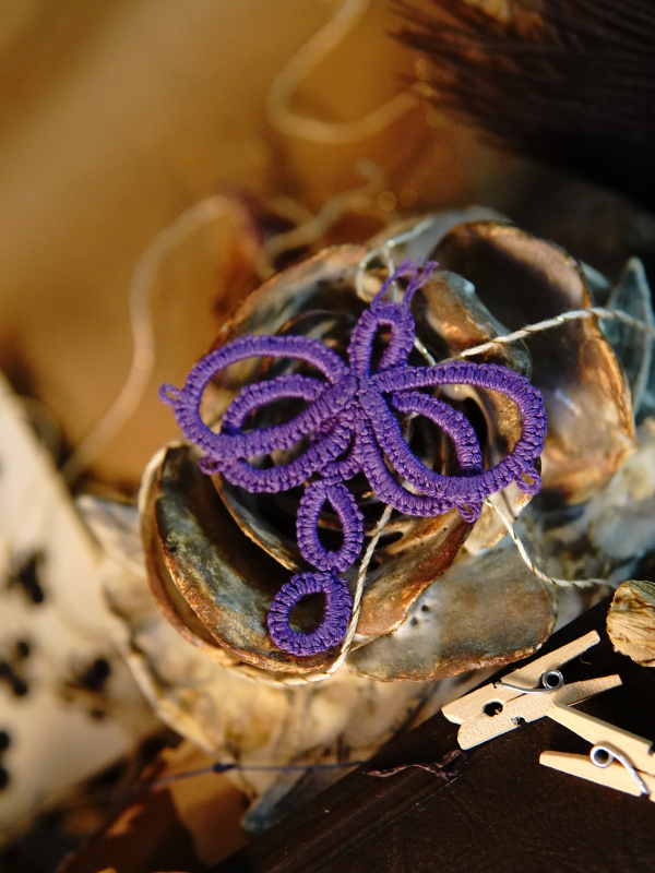 Tatted dragonfly scrapbook embellishment Purple hand tatted dragonfly embelishment on ceramic rose