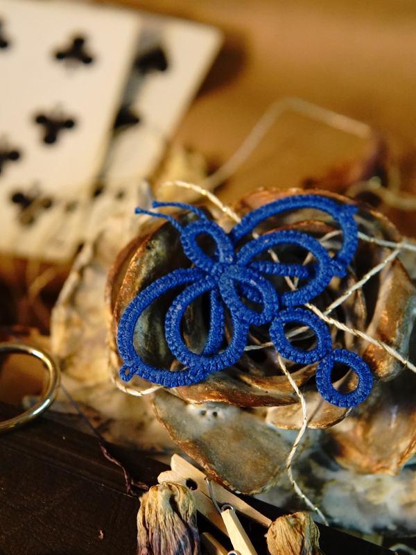 Tatted dragonfly scrapbook embellishment Blue hand tatted dragonfly embellishment on ceramic rose