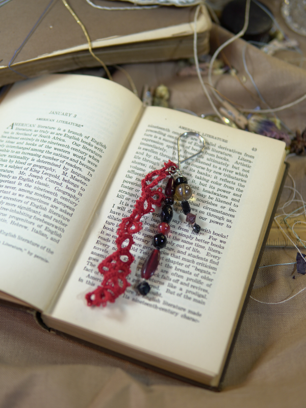 Crimson Gemfall Keychain Red tatted lace keychain with long gemstone dangles on open book