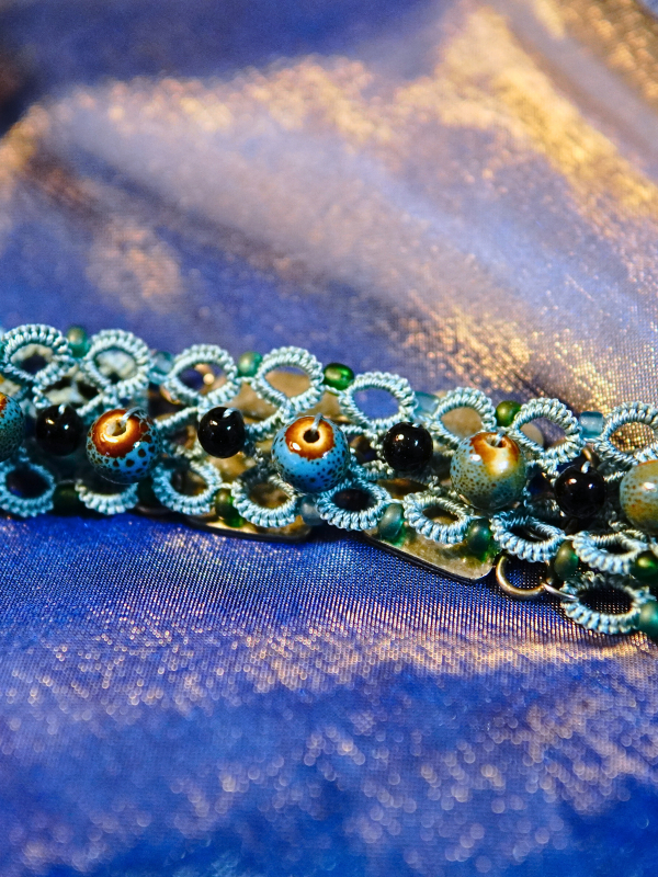 Sea-blue tatted choker with black glass and sea-glass beads.