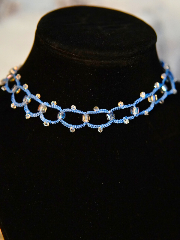 Ocean jewelry: sea-blue tatted lace with crystals.