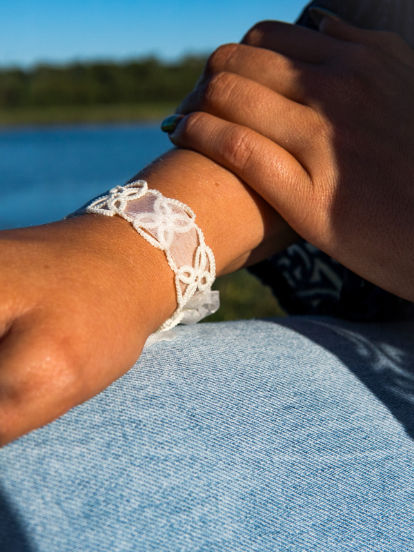 Handmade white lace bracelet Petalbound from the Wanderthread Collection