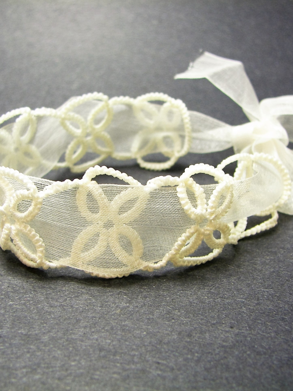 Close-up of Petalbound tatted lace bracelet showing floral loop pattern