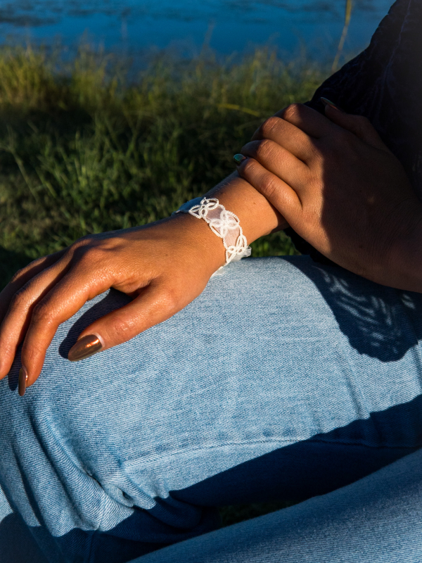 Lightweight white lace bracelet handmade using needle tatting