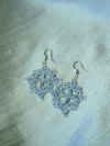 Silver metallic tatted lace earrings in square design.