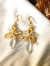 Gold lace earrings with clear crystal drops on fabric