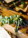 Green tatted leaf necklace with crystals displayed on stringed instrument
