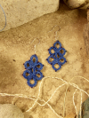 Small tatted lace earrings in blue thread accented by metallic tones.