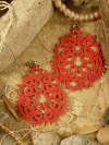 Bold red lace earrings with freeform looped pattern