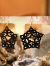 Black star earrings with rich tones of rock and light behind.