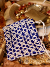 Blue linen purse with hand-tatted white lace overlay.