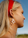 Model wearing airy white lace earrings