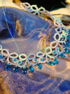 Raindrops on the Shore - Full Necklace View Aqua crystal drops hang from tatted loops in ocean colors