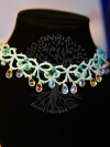 Seafoam Tatted Necklace - Detail of Tatted Loops and Wave-Soft Shimmer Aqua thread necklace with green bead accents and crystal drops.