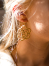 Golden lace rose earrings resting on model