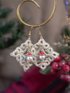 Hand-tatted diamond lace earrings with Santa hat bead drops hanging on a gold di