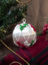 Christmas satin ball decorated with handcrafted tatting and lattice design