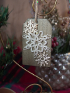 Wood tag ornament with lace snowflake design
