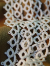 Delicate white tatted lace loops resting against a neutral background fabric