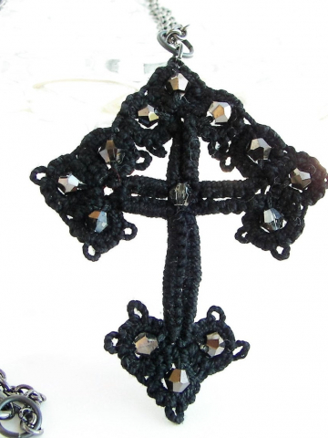 Jet Black Beaded Cross on Gunmetal Chain Needle Tatted
