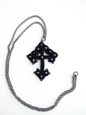 Jet Black Beaded Cross on Gunmetal Chain Needle Tatted