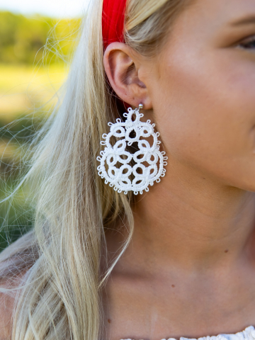 Driftcircle earrings from Wanderthread by A Knotted Life - worn close-up A Knotted Life Driftcircle earrings, Wanderthread line, close-up