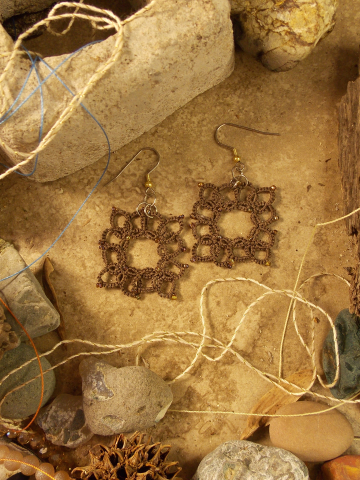 Tatted lace earrings in brown thread with delicate beaded accents